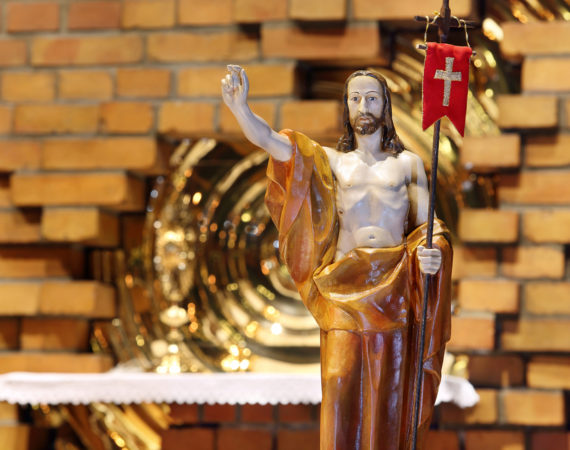 Wooden figure of Jesus resurrected, in the church during Easter