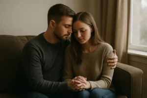 ara siedząca razem na kanapie, trzymająca się za ręce w ciszy i skupieniu, w świetle dnia wpadającym przez okno.