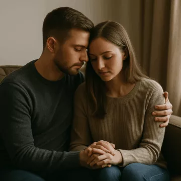 ara siedząca razem na kanapie, trzymająca się za ręce w ciszy i skupieniu, w świetle dnia wpadającym przez okno.