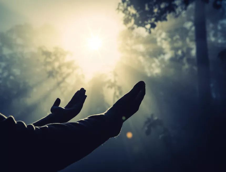 Teenage girl with praying in sunny nature. Young girl meditate i Listy od Czytelników
