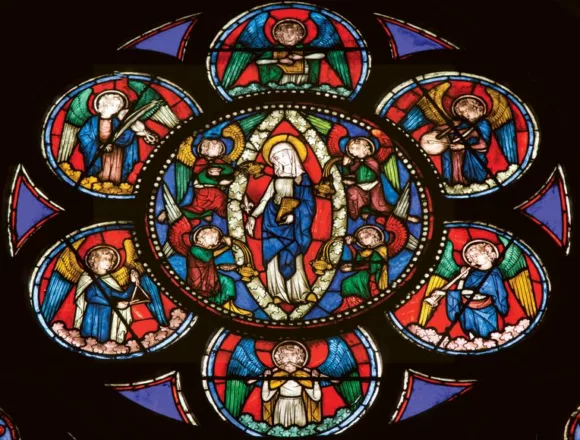 Witraż w Kaplicy Matki bożej w katedrze NOTRE-DAME Niepokalane Poczęcie NMP a wszechpośrednictwo łaski