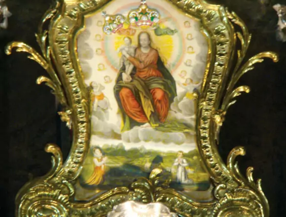 fragment tryptyku Zwiastowanie, Robert Campin, ok. 1427 (od lewej); Obraz Matki Bożej Łaskawej W KATEDRZE we Lwowie