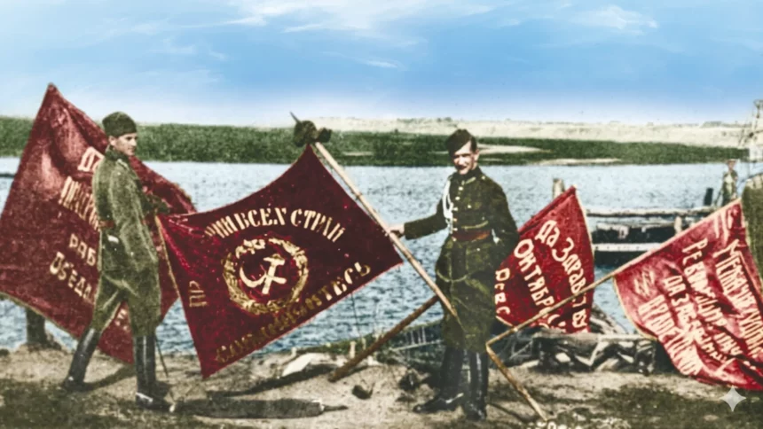 polscy żołnierze ze sztandarami zdobytymi na bolszewikach po „cudzie nad wisłą” / fot. Wikimedia Commons