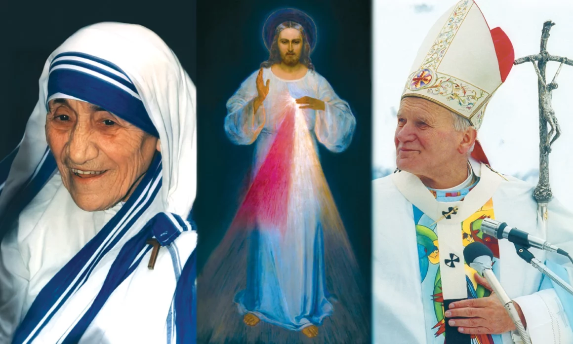 od lewej: św. Matka teresa, obraz jezusa miłosiernego Autorstwa E. Kazimirowskiego, św. Jan Paweł II/fot. Arturo Mari, wikimedia commons