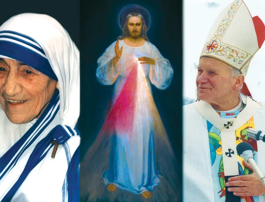 od lewej: św. Matka teresa, obraz jezusa miłosiernego Autorstwa E. Kazimirowskiego, św. Jan Paweł II/fot. Arturo Mari, wikimedia commons