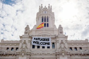 "Refugees Welcome" placard in Madrid, Spain